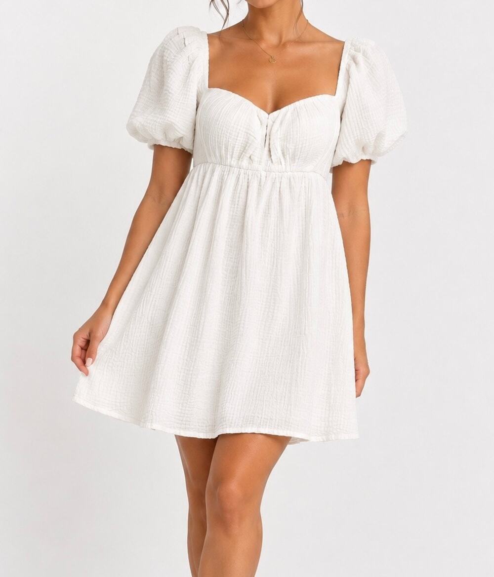 Princess Polly White Gauze Puff Sleeve Mini Dress Size 8